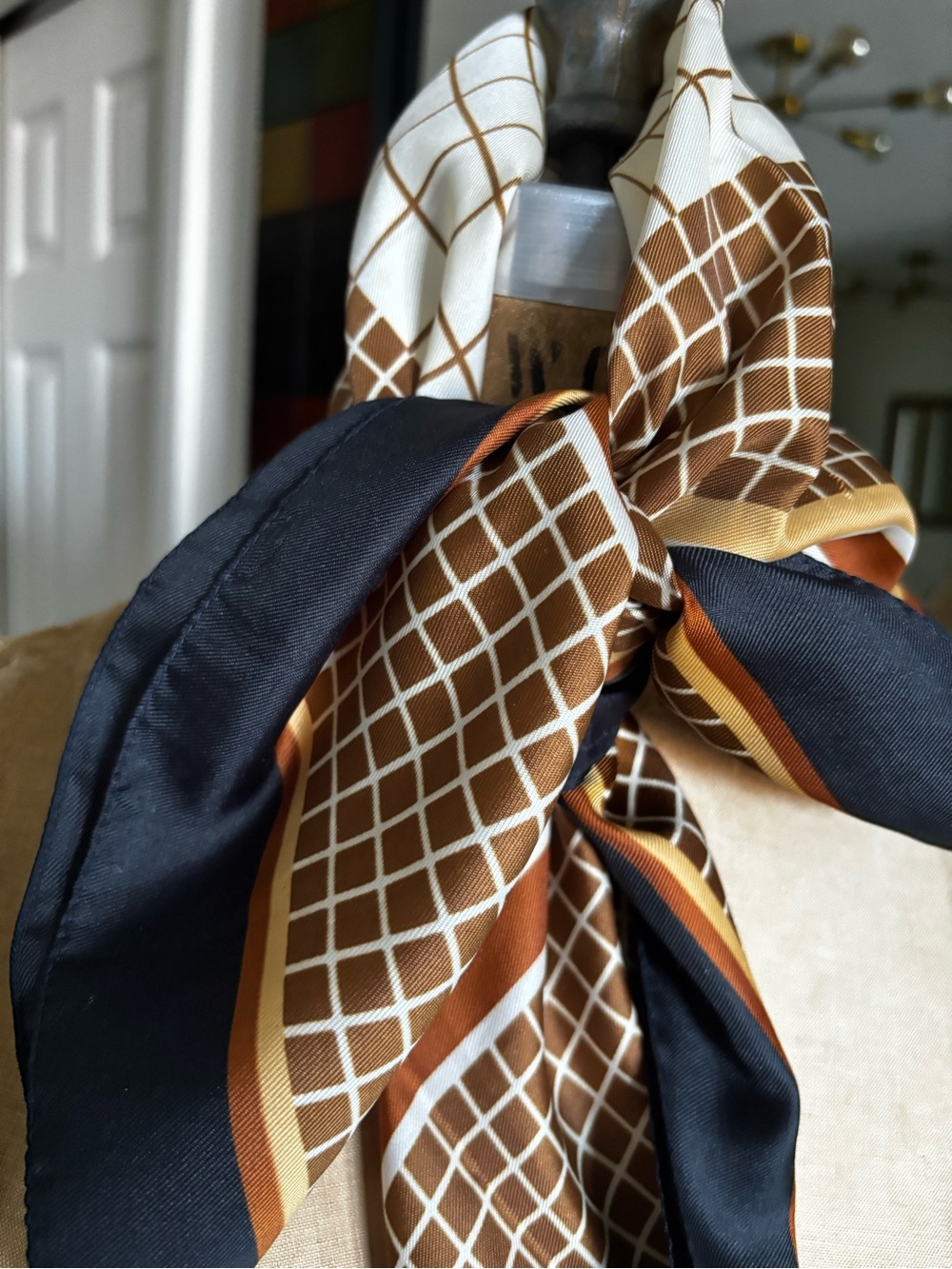 Silk-Feel Brown and Black Geometric Scarf - Picture 2 of 9